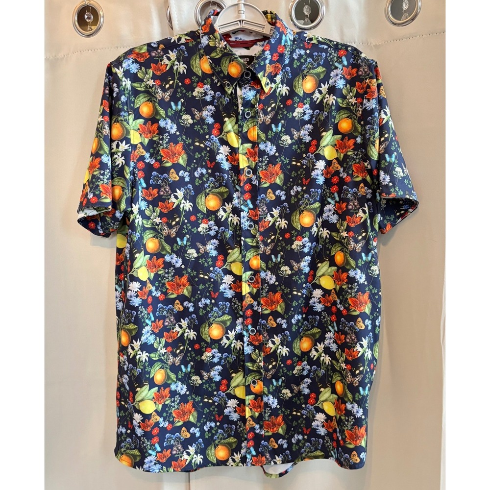 Fried Denim Men Slim Fit Button Up Shirt Medium Floral Fruit Preppy Resort 19658